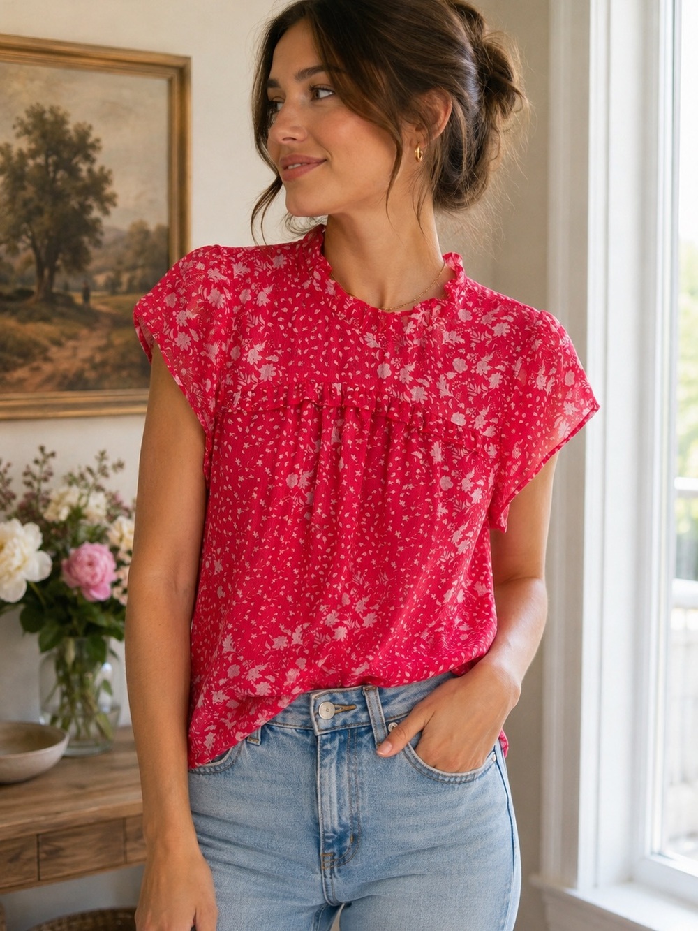Joie Pink Floral Ruffle Blouse Medium Romantic Cottagecore Coquette Flowy Girly